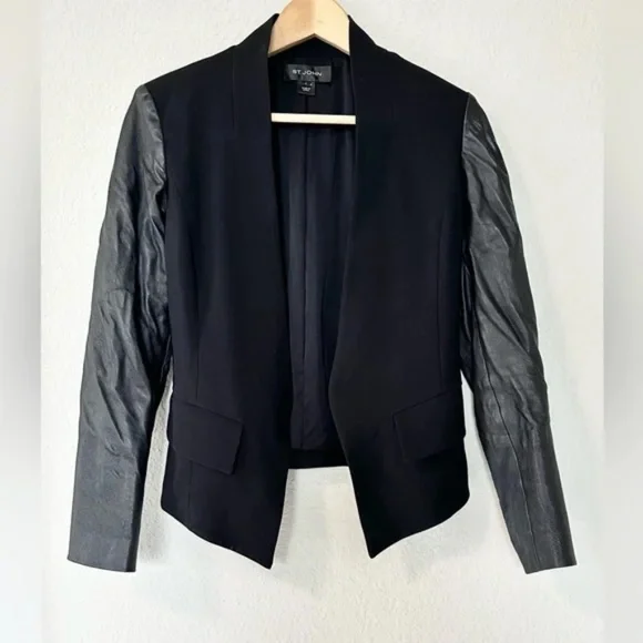 St. John Caviar Black Lamb Leather Open Front Blazer Jacket - Picture 7 of 16